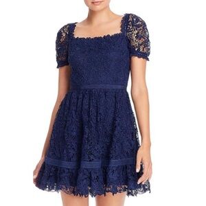 NWT AQUA Blue Short Sleeve Square Neck Lace Detail Lined Mini Dress Size Small